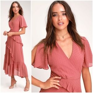 Lulu's Next To You Rusty Rose Swiss Dot Maxi Dress NWOT